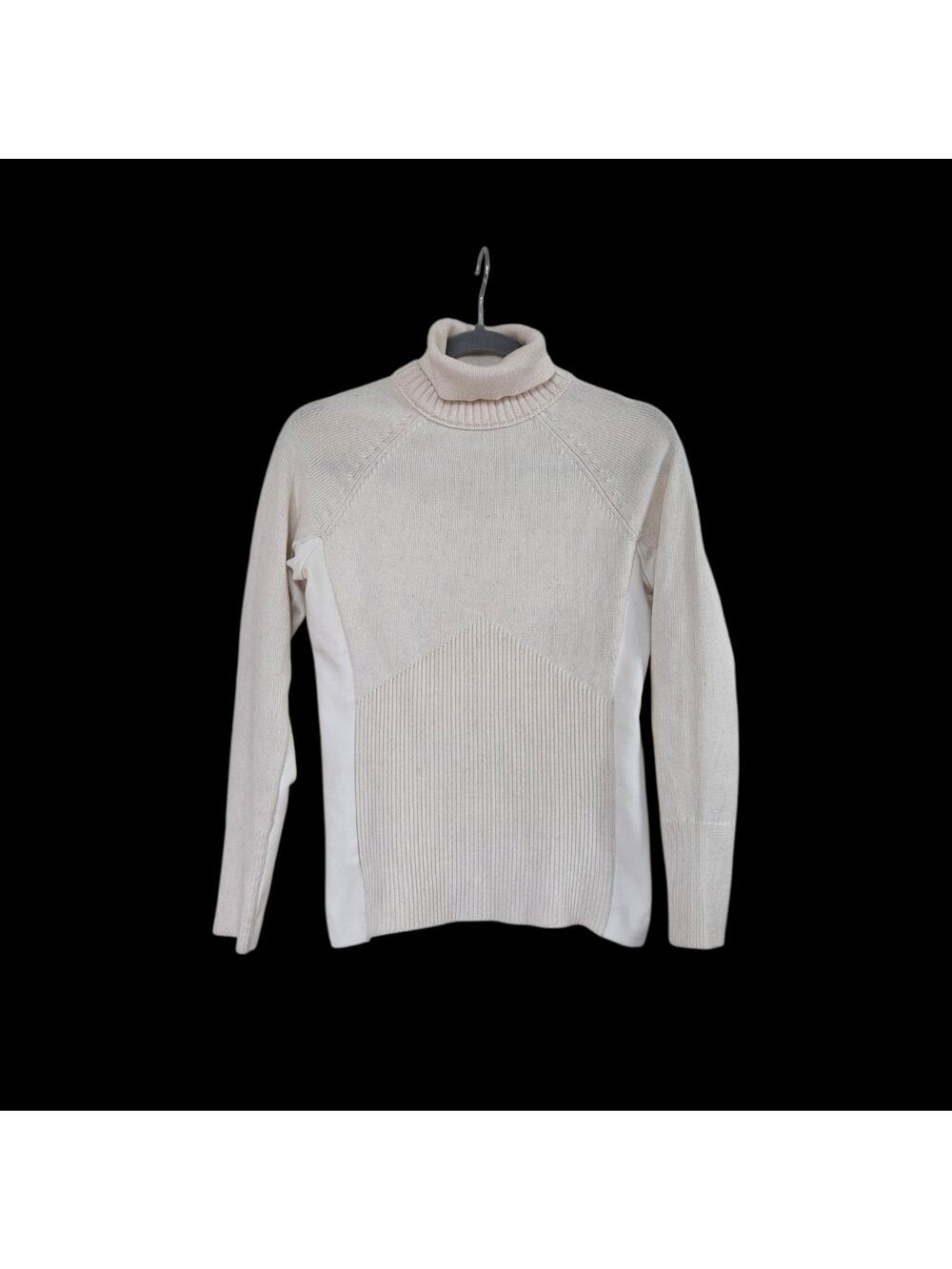 Athleta Mesa Hybrid Ivory Merino Wool T-Neck Stretch Panels Sweater, Size XXS